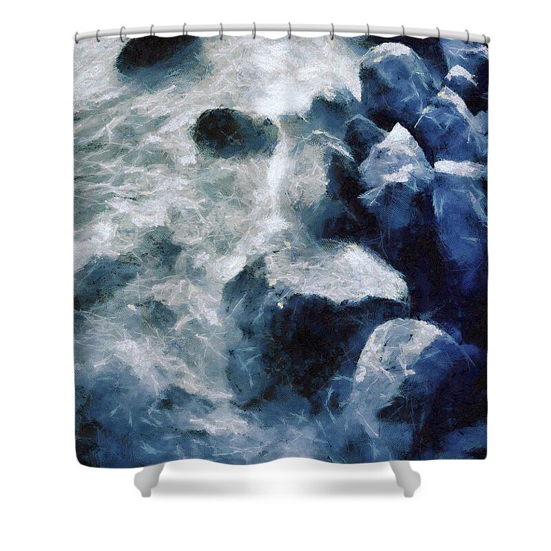 Seascape Shower Curtain featuring the painting Sea sunset seascape with wet rocks by Dimitar Hristov