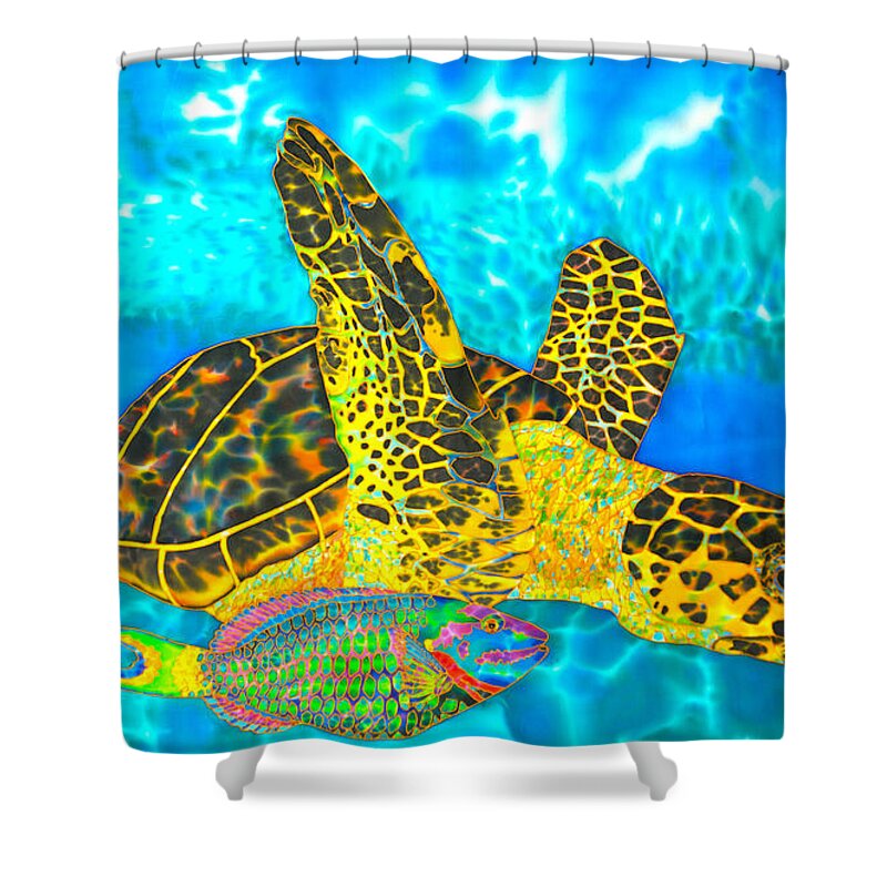 Turtle Shower Curtain featuring the painting Sea Turtle and Parrotfish by Daniel Jean-Baptiste
