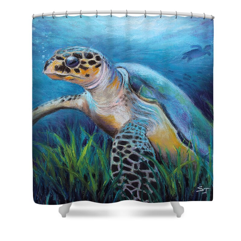 Sea Turtle Painting Shower Curtain featuring the pastel Sea Turtle Cove by Susan Jenkins
