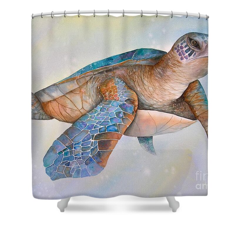 Sea Turtle Shower Curtain featuring the painting Sea Turtle- Twilight Swim by Midge Pippel