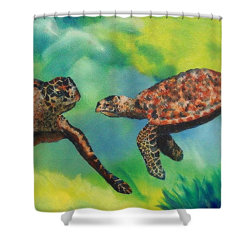 Ocean Shower Curtain featuring the painting Sea Turtles and Dolphins by Susan Kubes