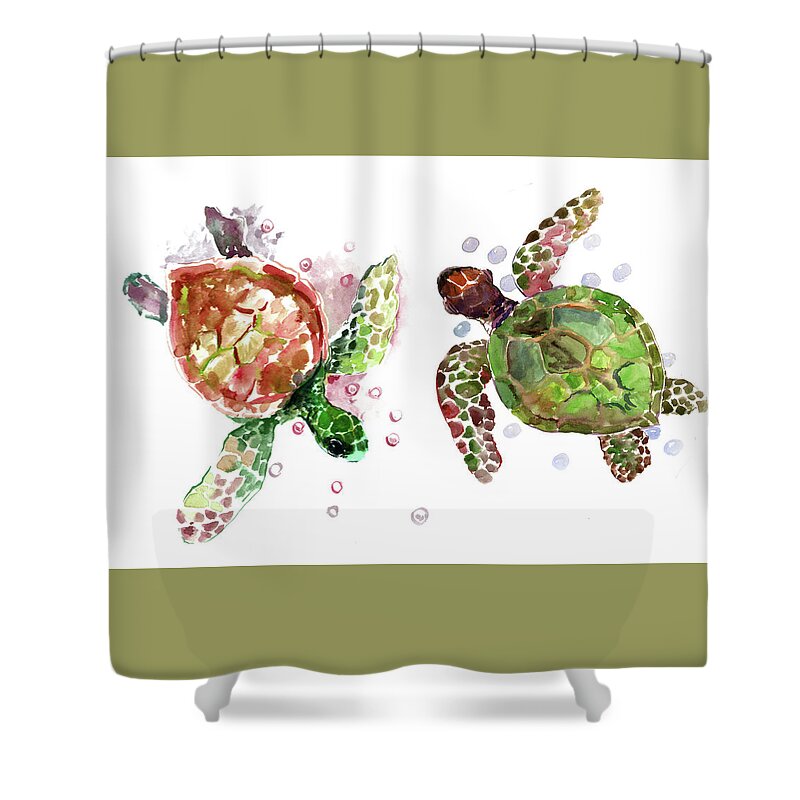 Sea Turtles Shower Curtain featuring the painting Sea Turtles, Olive green underwater beach artwork by Suren Nersisyan