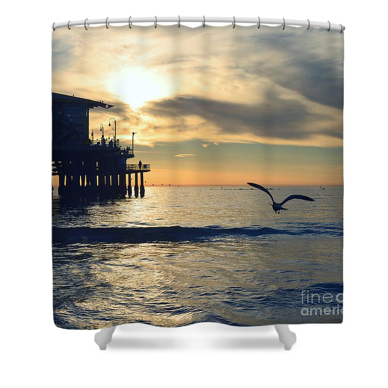 Seagull Shower Curtain featuring the photograph Seagull Pier Sunrise Seascape C2 by Ricardos Creations