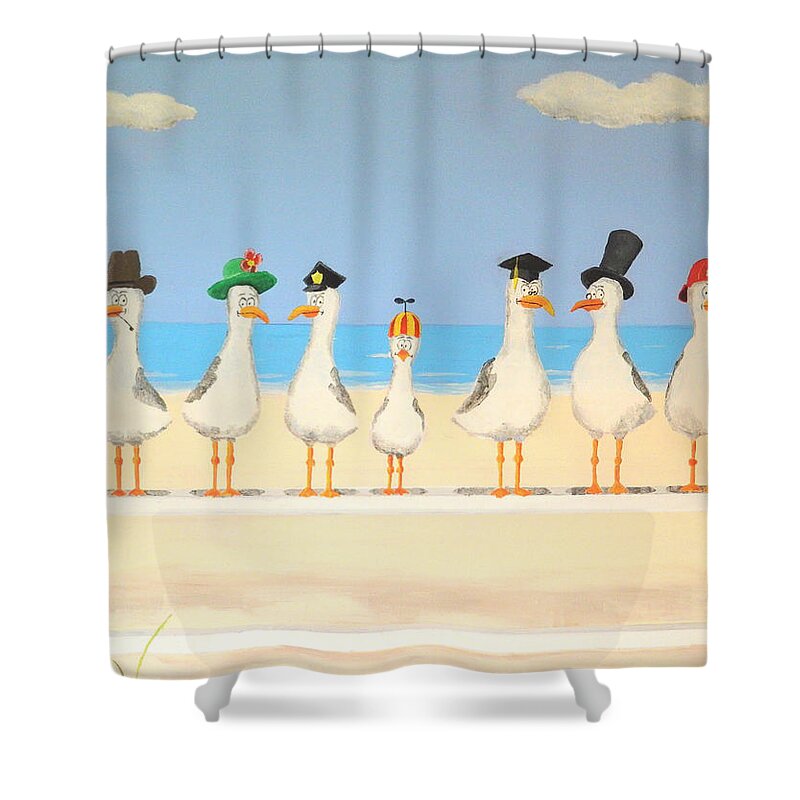 Seagulls With Hats Shower Curtain featuring the painting Seagulls with Hats by Winton Bochanowicz