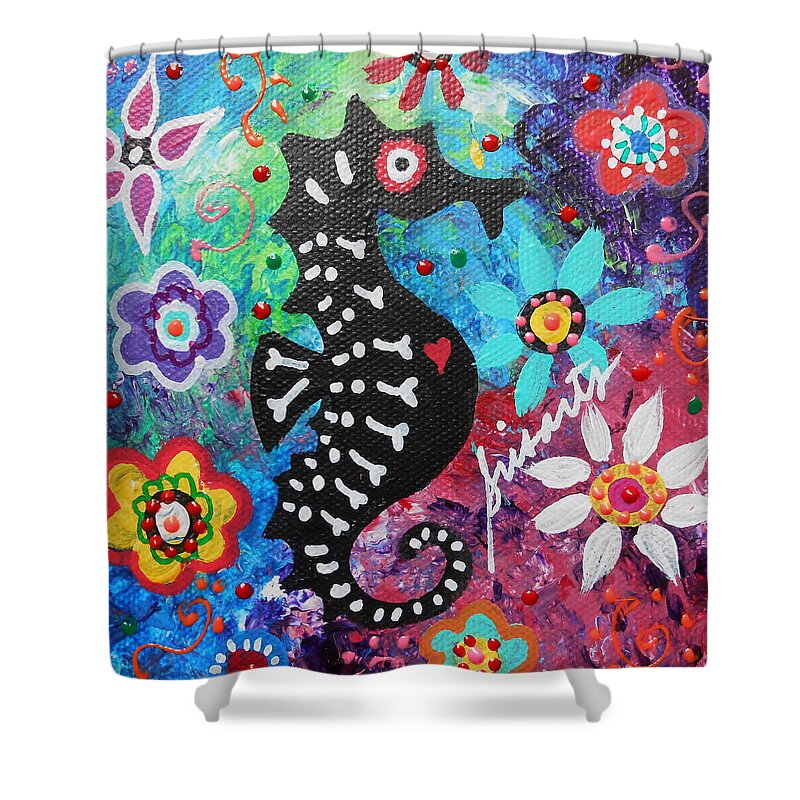 Horse Shower Curtain featuring the painting Seahorse Day Of The Dead by Pristine Cartera Turkus