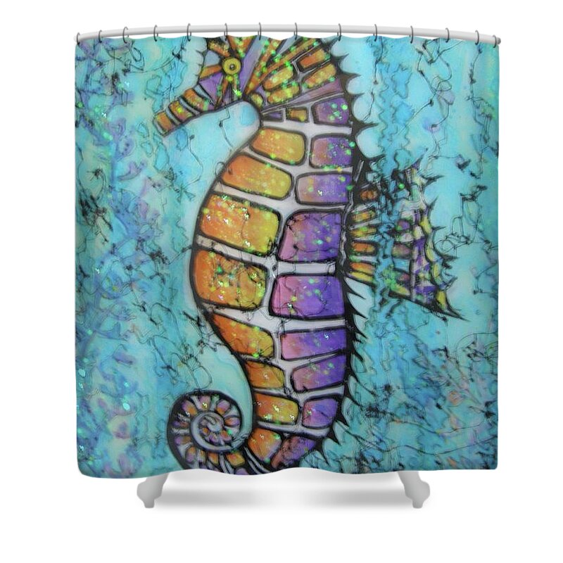 Turquoise Shower Curtain featuring the painting Seahorse Downunder by Midge Pippel