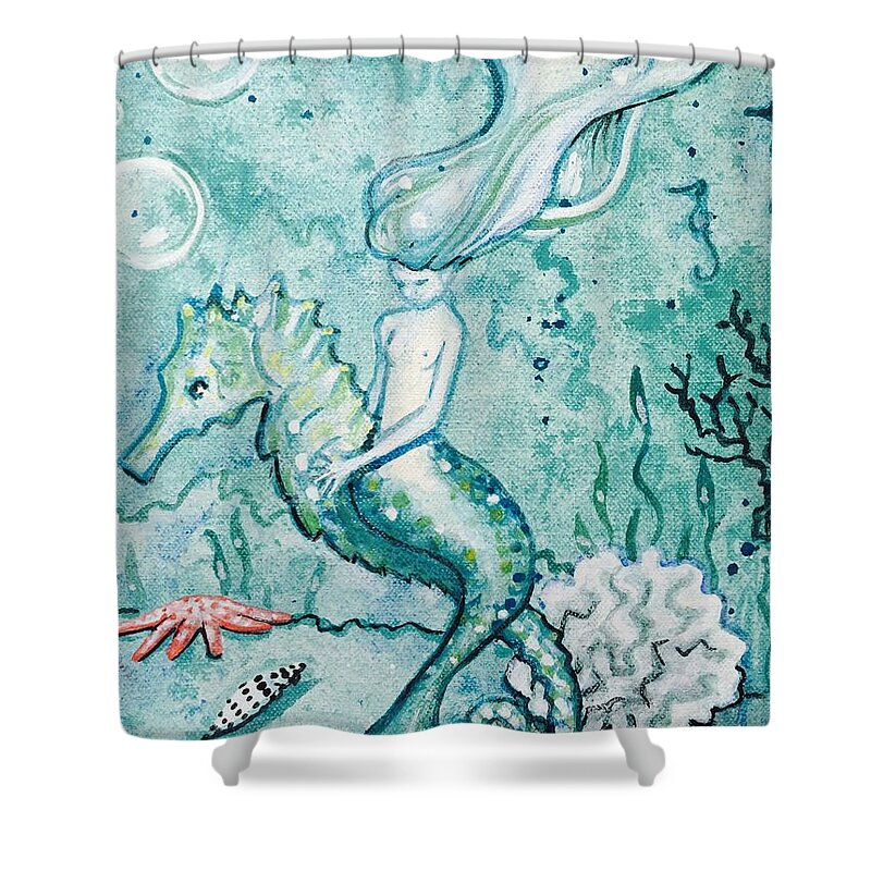 Mermaid Seahorse Fantasy Ocean Junonia Shell Aqua Turqouise Siren Beach Beachhouse Coastal Art Beachhouse Art Shower Curtain featuring the painting Seahorse whisperer by Maggii Sarfaty