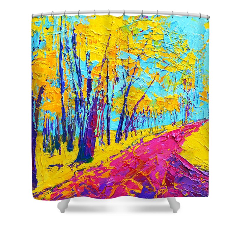 Enchanted Forest Collection - Modern Impressionist Landscape Art - Palette Knife Shower Curtain featuring the painting Searching Within 2 Enchanted Forest Series - Modern Impressionist Landscape Painting Palette Knife by Patricia Awapara