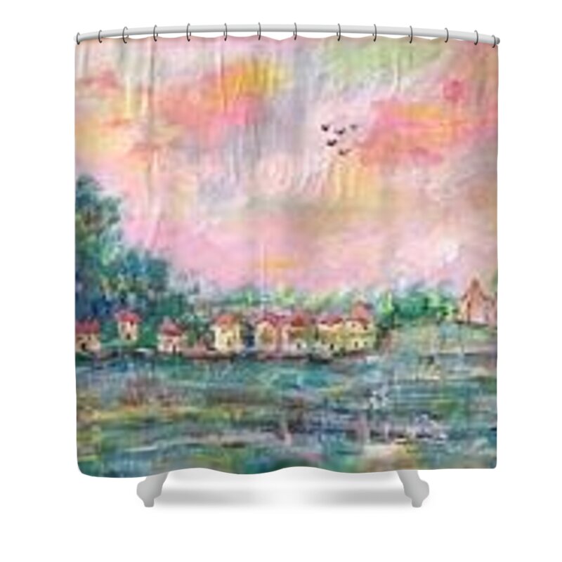 Seascape Shower Curtain featuring the painting Seascape showing pink sky by Sam Shaker