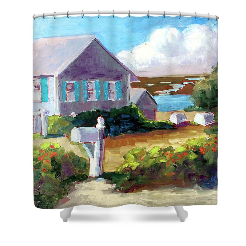 Seaside Cottage Shower Curtain featuring the painting Seaside Mail by Barbara Hageman