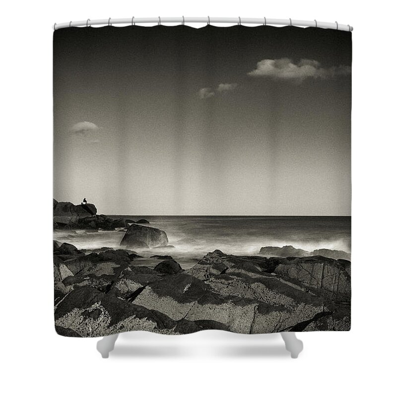 Solitude Seaside Lonely Moody Depressing Sad Fishing Fisher Fisherman Man Lone Oceanside Ocean Atlantic Newengland New England Outside Outdoors Nature Long Exposure Rocky Rocks Gloucester Ma Mass Massachusetts U.s.a. Usa Brian Hale Brianhalephoto Black And White Shower Curtain featuring the photograph Seaside Solitude by Brian Hale