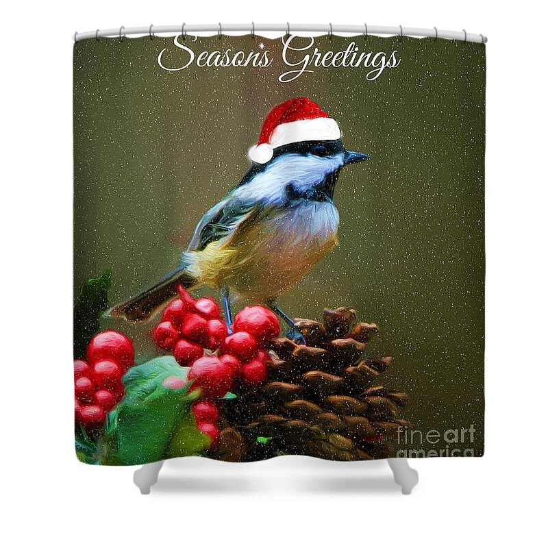 Seasons Greeting Card Shower Curtain featuring the photograph Seasons Greetings Chickadee by Tina LeCour