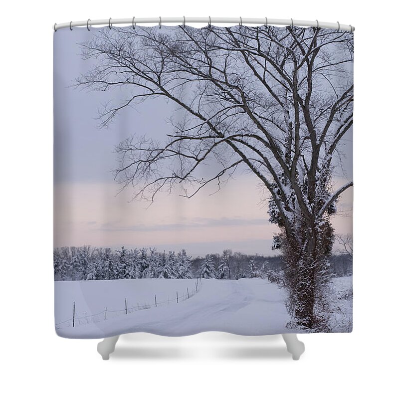 Season's Greetings Shower Curtain featuring the photograph Season's Greetings- Country Road by Holden The Moment