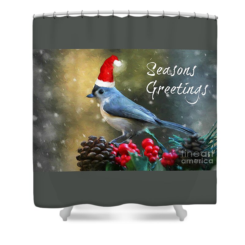 Christmas Card Shower Curtain featuring the mixed media Seasons Greetings Titmouse by Tina LeCour