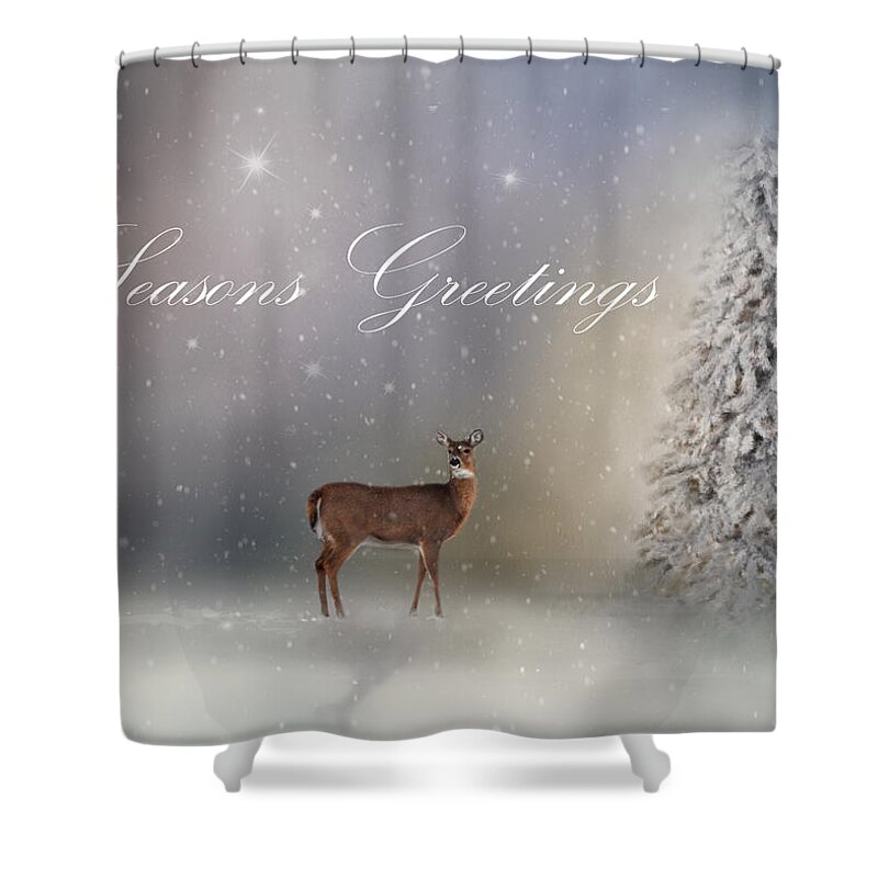 Seasons Greetings Shower Curtain featuring the photograph Seasons Greetings With Deer by Ann Bridges