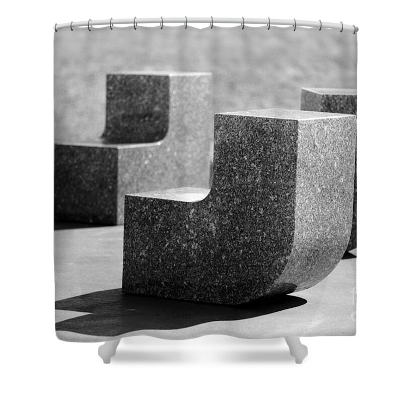 Stone Sculpture Poppajohn Park Seat Seating Eight Black White Monochrome Shower Curtain featuring the photograph Seating for Eight by Ken DePue
