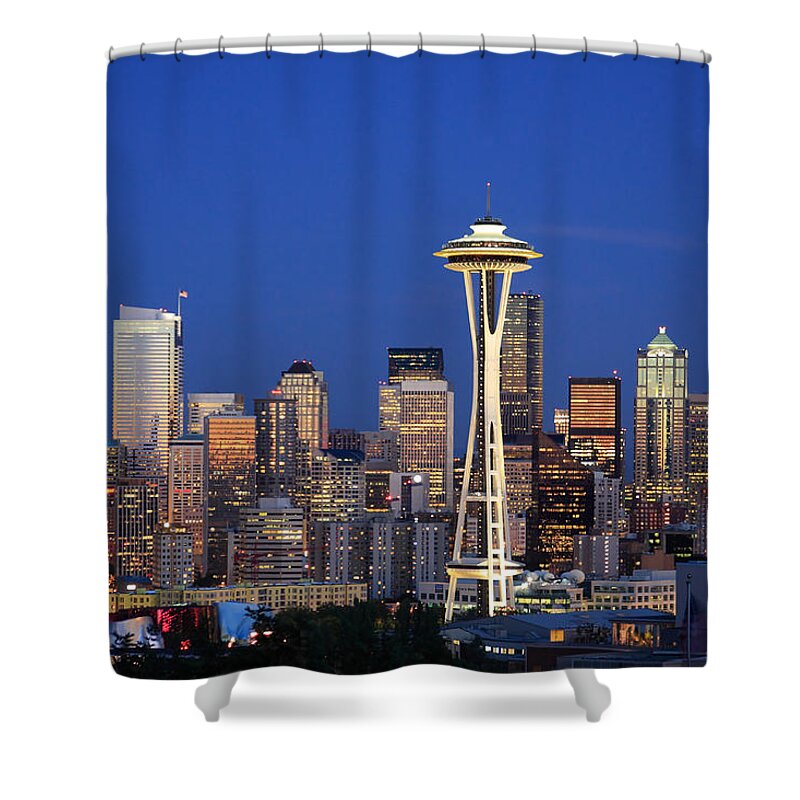3scape Photos Shower Curtain featuring the photograph Seattle at Dusk by Adam Romanowicz