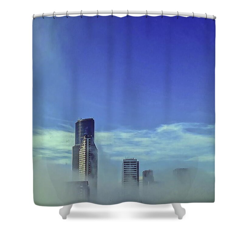 Blue Shower Curtain featuring the photograph Seattle Fog Scape by Kathryn Alexander MA