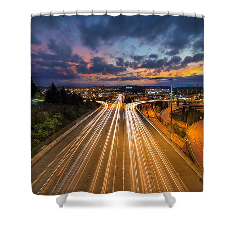 Seattle Shower Curtain featuring the photograph Seattle Freeway Light Trails by David Gn