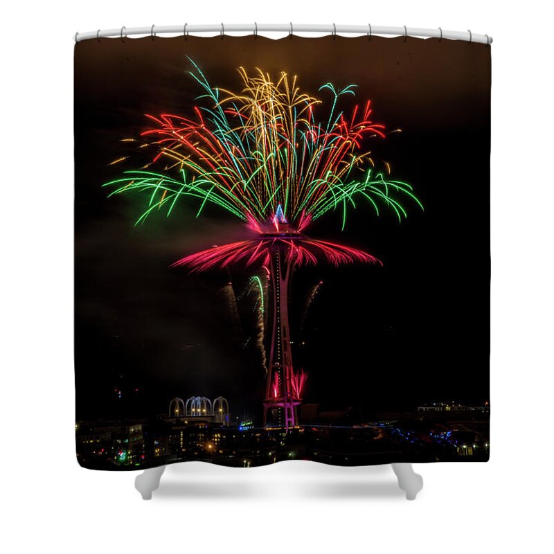 Seattle Shower Curtain featuring the photograph Seattle New Years Eve Fireworks by Matt McDonald