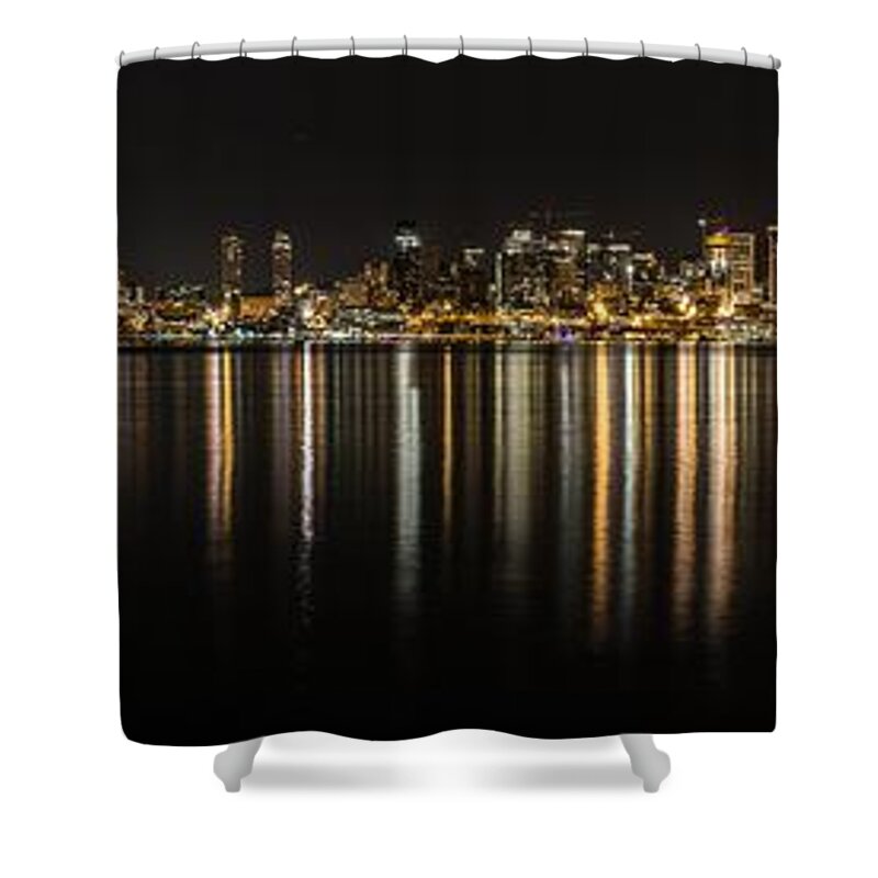 Seattle Skyline Shower Curtain featuring the photograph Seattle Skyline at night 2 by Mati Krimerman