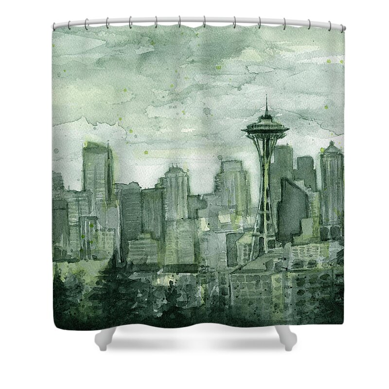 Seattle Shower Curtain featuring the painting Seattle Skyline Watercolor Space Needle by Olga Shvartsur