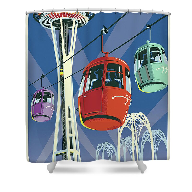 Vintage Shower Curtain featuring the digital art Seattle Poster- Space Needle Vintage Style by Jim Zahniser