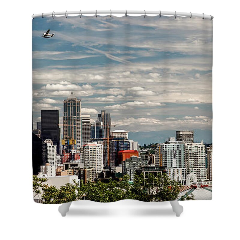 Seattle Shower Curtain featuring the photograph Seattle Space Needle with Mt. Rainier by Tony Locke