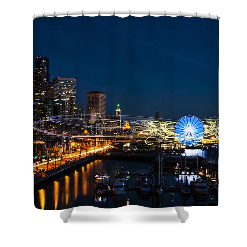 Long Shower Curtain featuring the digital art Seattle Waterfront Cosmic Rays by Pelo Blanco Photo