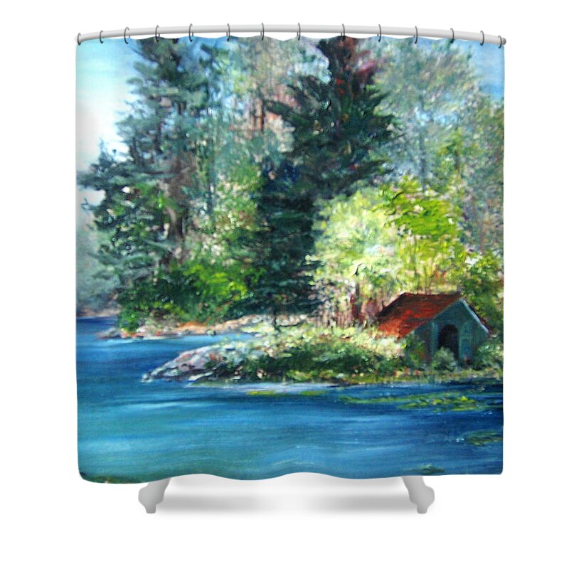 Millsite Lake Shower Curtain featuring the painting Secluded Boathouse-Millsite Lake by Jan Byington