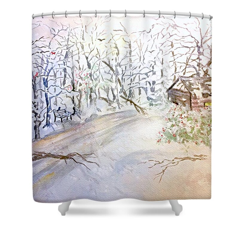 Secluded Cabin Shower Curtain featuring the painting Secluded Cabin in Winter by Ellen Levinson