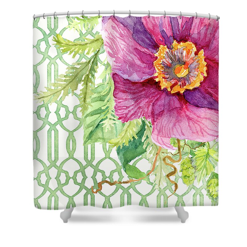 Watercolor On Paper Shower Curtain featuring the painting Secret Garden 1 - Single Peony Fern Hops and Trellis by Audrey Jeanne Roberts