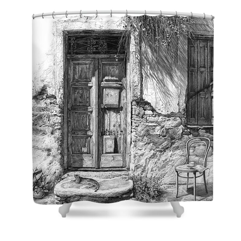 Drawing Shower Curtain featuring the drawing Secret of the Closed Doors by Sergey Gusarin