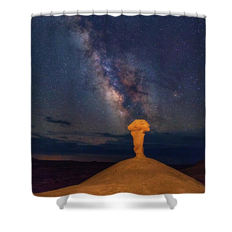 Moab Shower Curtain featuring the photograph Secret Spire and The Milky Way Vertical by Dan Norris