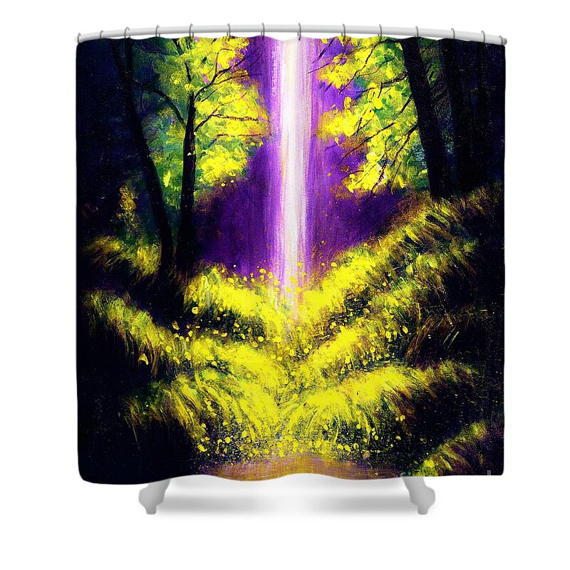 #landscape #nature #waterfalls #naturespirits #elementals #forest #water #2d #art #artist #beautiful #colorful #colors #interiordesign #natureaddict #painting #river #surreal Shower Curtain featuring the painting Secrets by Allison Constantino