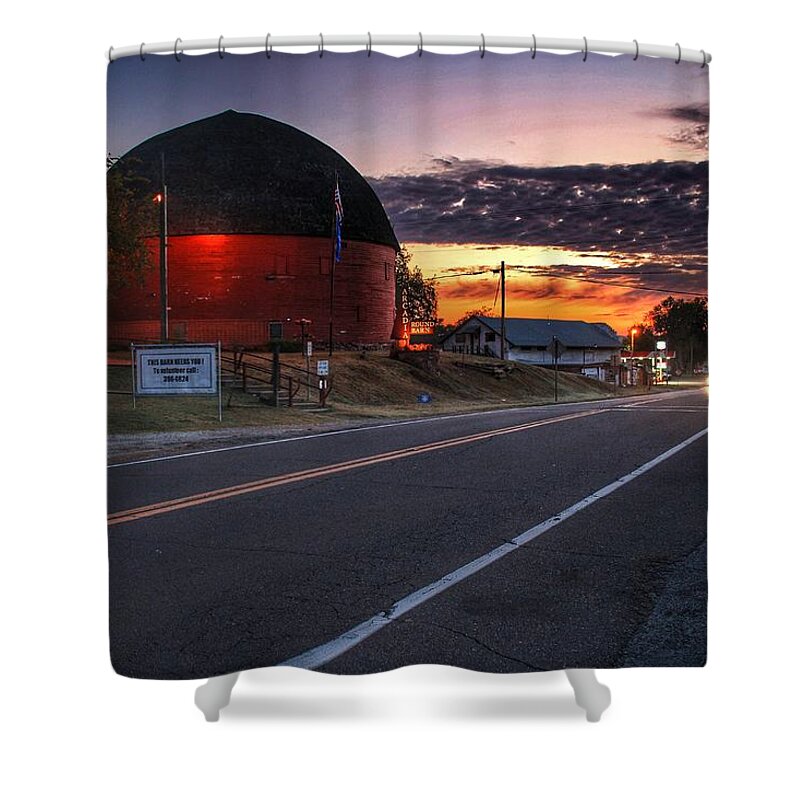 Round Barn Shower Curtain featuring the photograph Section of Route 66 by the Round Barn in Arcadia by Buck Buchanan