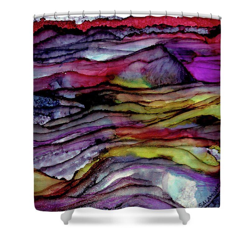 Abstract Colorful Fantasy Purple Red Green Igneous Sediment Mystical Shower Curtain featuring the painting Sedimental Journey by Brenda Salamone