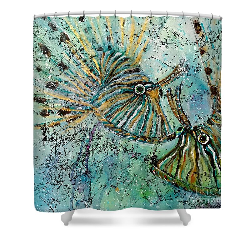 Iionfish Shower Curtain featuring the painting Seeing Eye to Eye by Midge Pippel