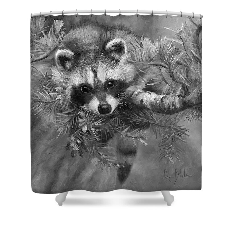 Raccoon Shower Curtain featuring the painting Seeking Mischief - Black and White by Lucie Bilodeau