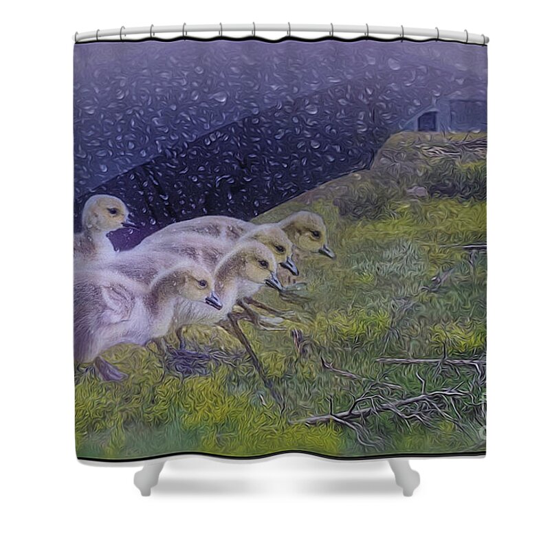 Baby Geese Shower Curtain featuring the digital art Seeking Shelter From The Storm Digital Artwork by Mary Lou Chmur by Mary Lou Chmura