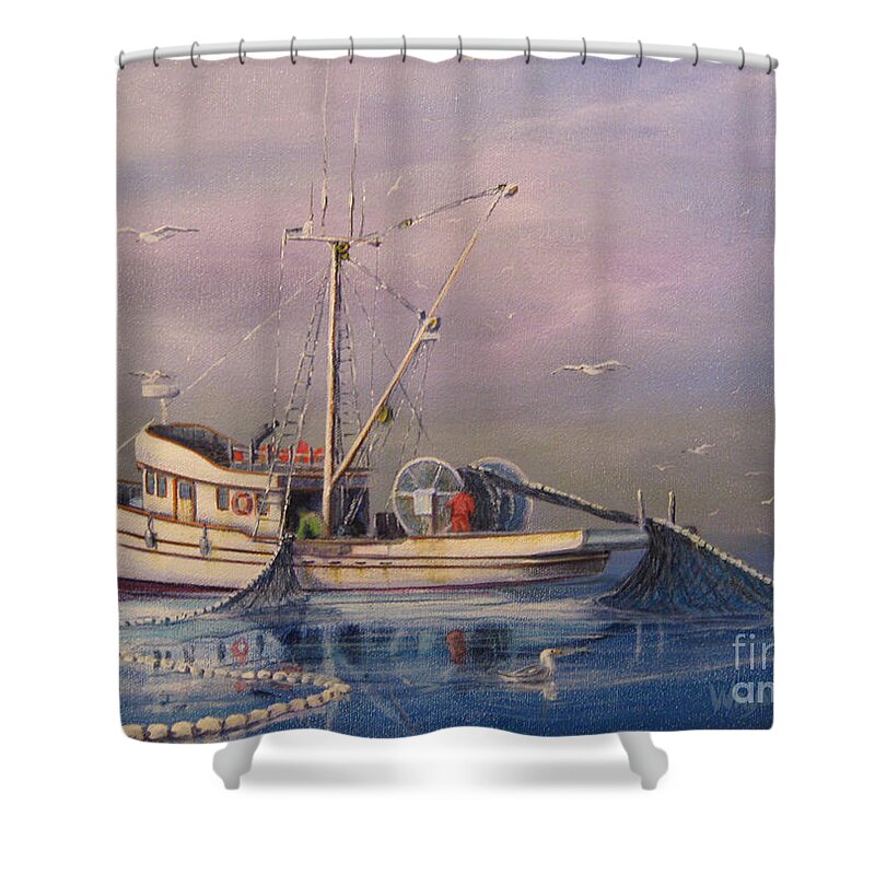Seascape Shower Curtain featuring the painting Seiner Fishing Salmon by Wayne Enslow
