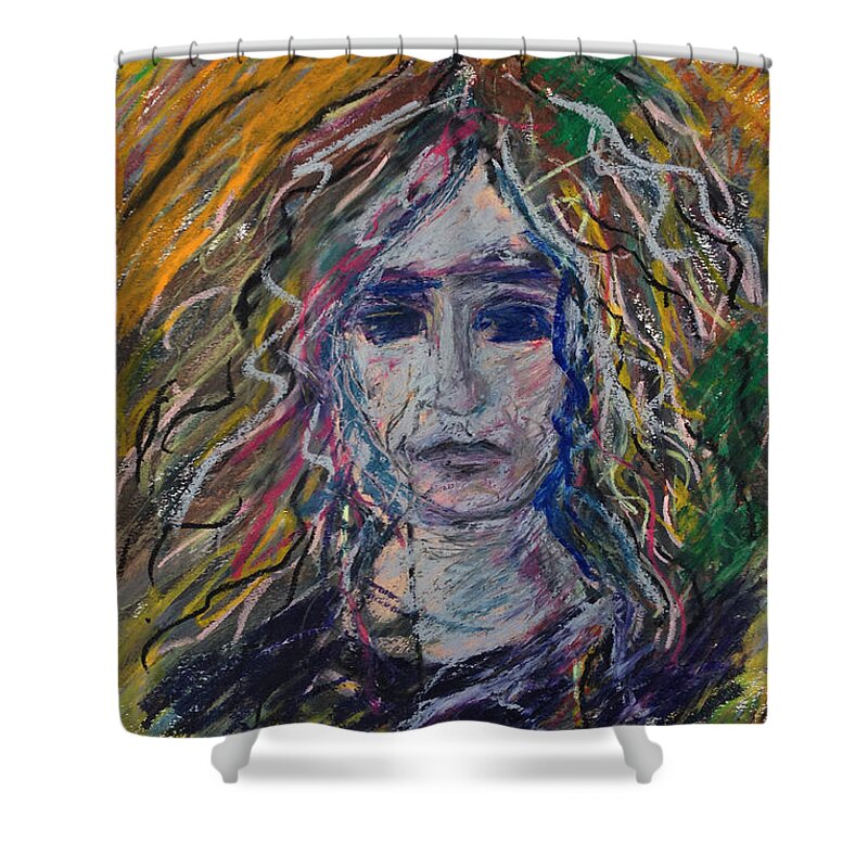 Katt Yanda Self-portrait Original Art Oil Paste Chalk Drawing Paper Shower Curtain featuring the pastel Self Portrait by Katt Yanda