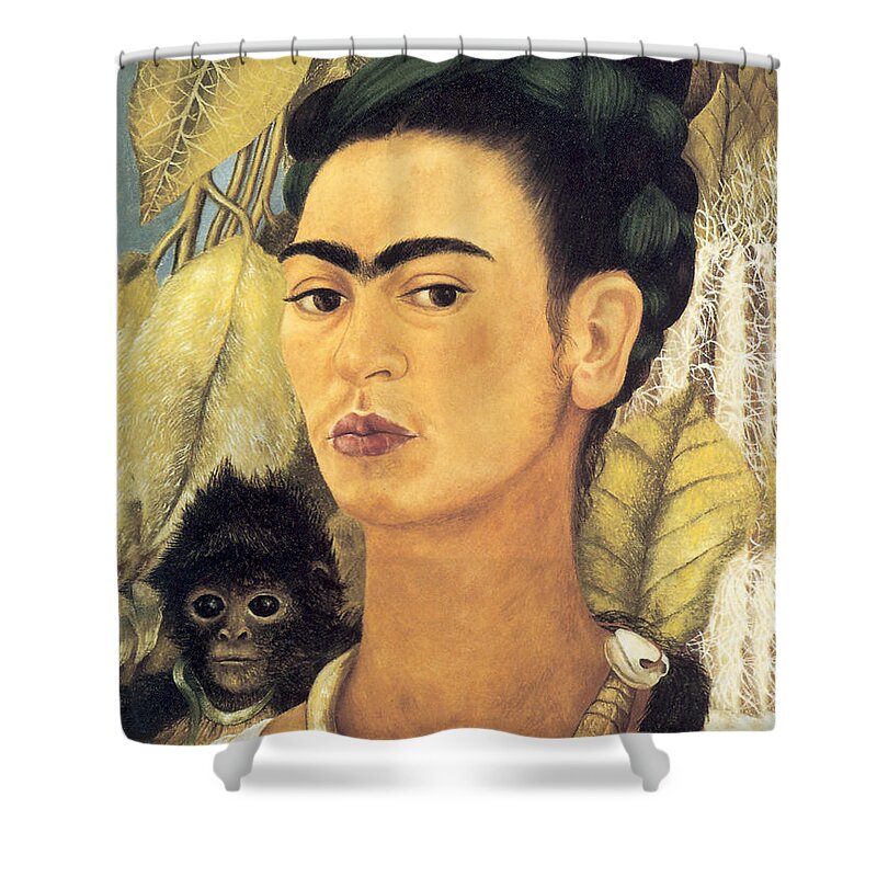 Self Portrait With Monkey Shower Curtain featuring the painting Self Portrait with Monkey by Frida Kahlo
