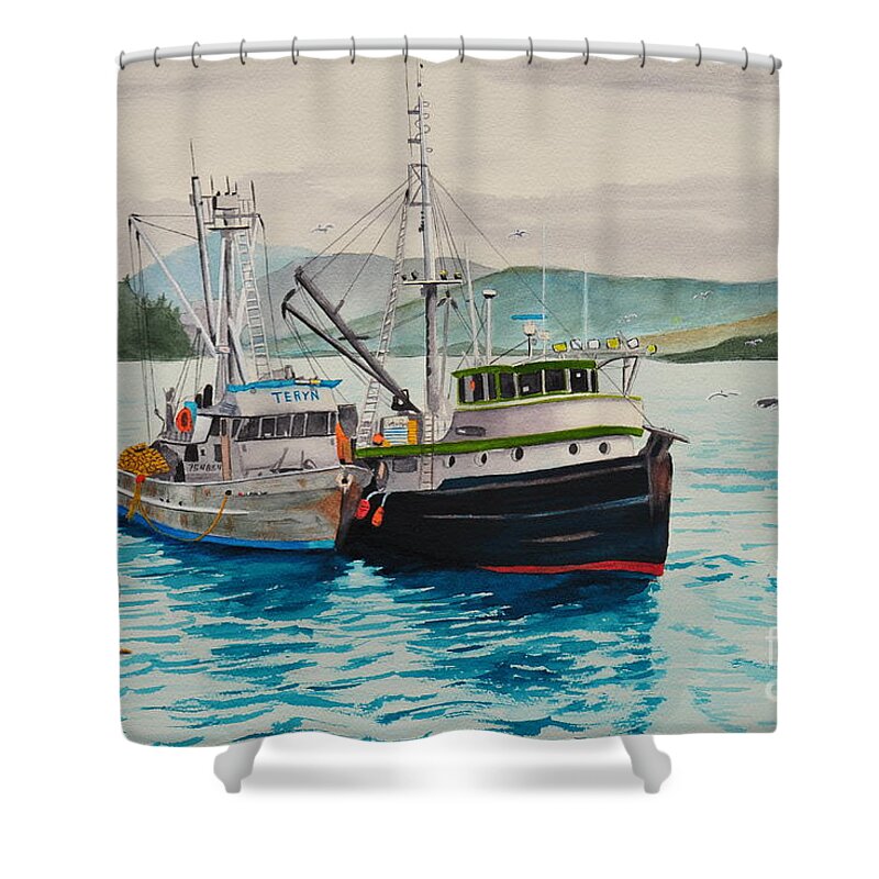 Fish Shower Curtain featuring the painting Selling Fish to Peter Pan by John W Walker