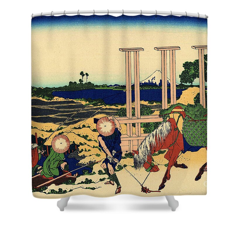 Mt Fuji Shower Curtain featuring the painting Senju in the Musachi province by Hokusai
