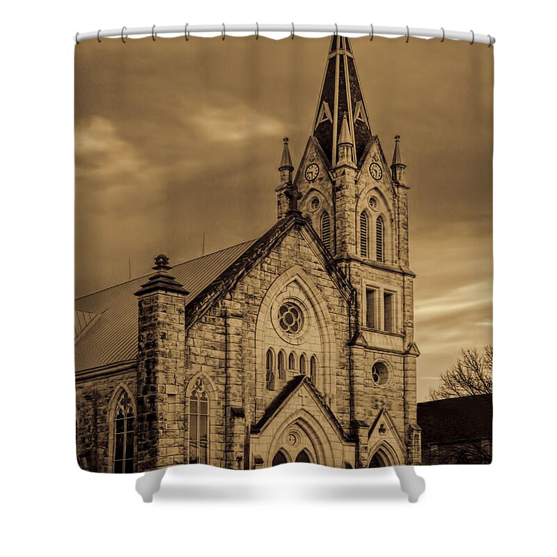 Architecture Shower Curtain featuring the photograph Sepia Limestone Church by Linda Phelps