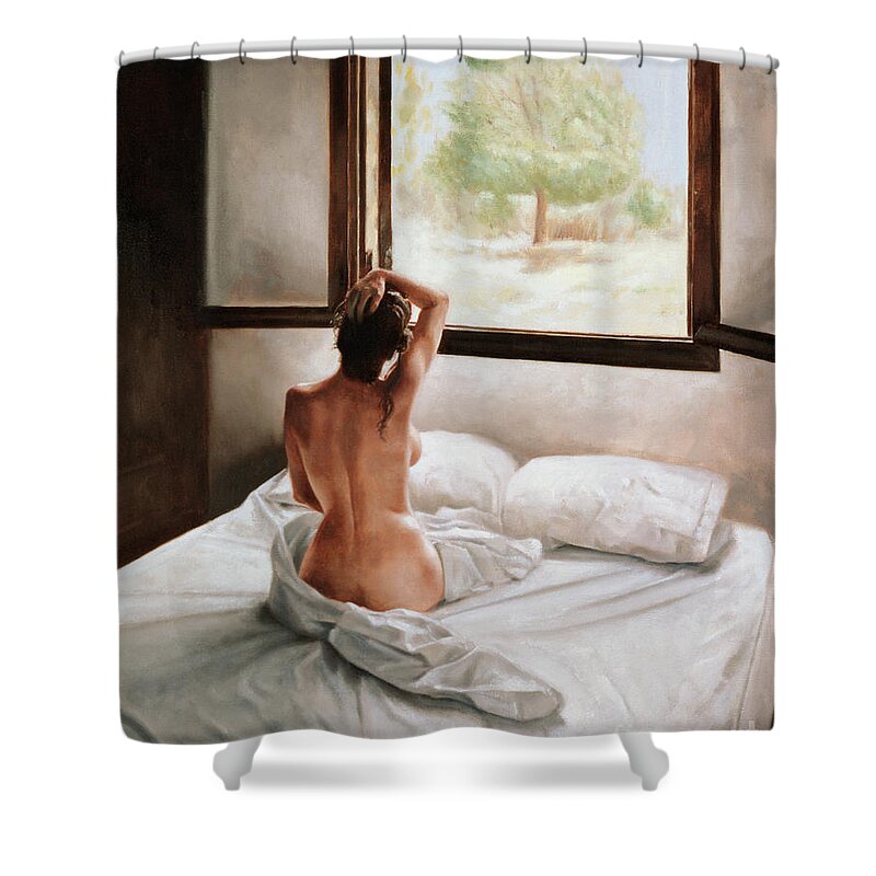 Bed; Waking Up; Female; Woman; Nude; Bedsheets; Sheets; Window; View; Tree Shower Curtain featuring the painting September Morning by John Worthington
