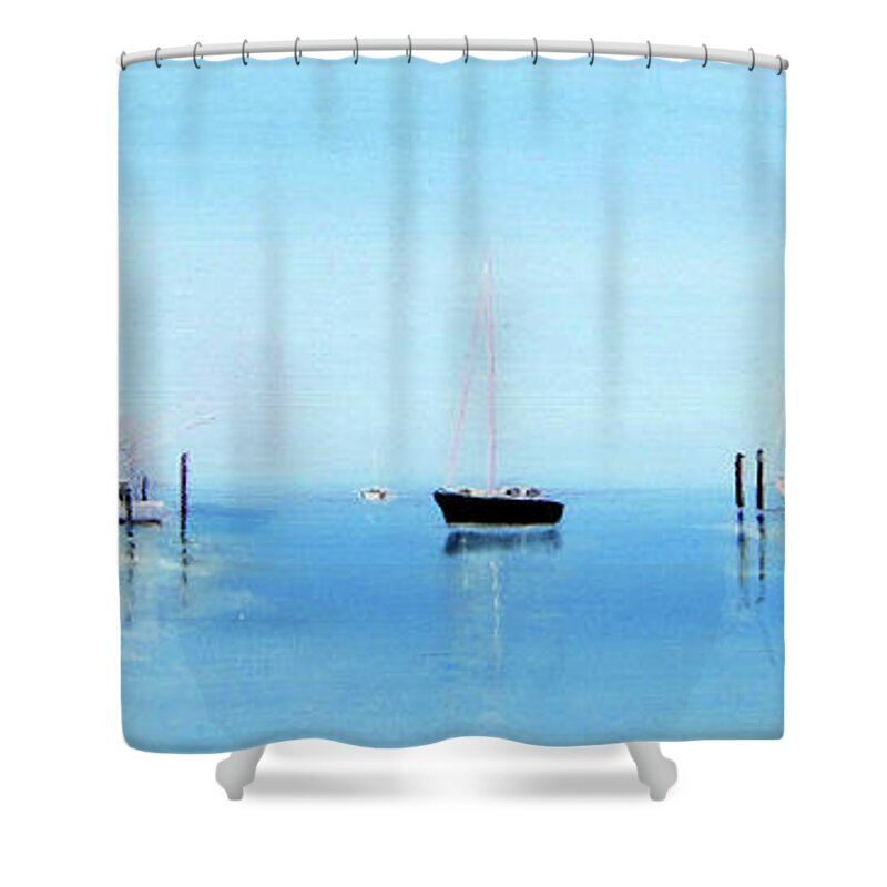 Seascape Shower Curtain featuring the painting Serene Atlantic Highlands Marina by Leonardo Ruggieri