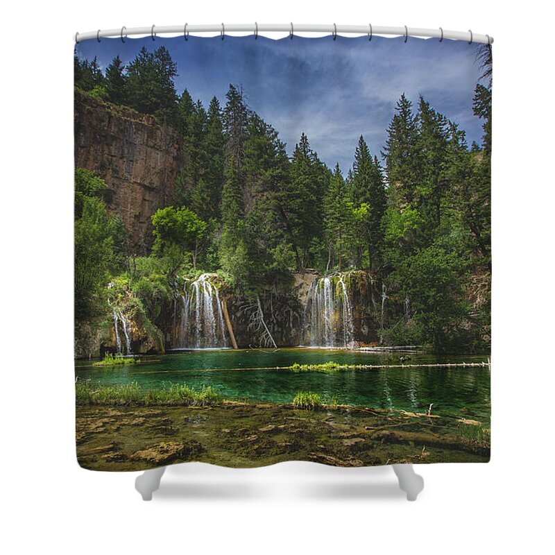 Beauty In Nature Shower Curtain featuring the photograph Serene Hanging Lake Waterfalls by Andy Konieczny