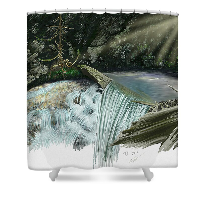 Waterscape Shower Curtain featuring the digital art Serene Oasis of Stagger Inn by Troy Stapek